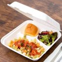 MEP-FC-993  (9″x9″x3″ Bamboo Fiber (PFAS Free) 3 Compartment Hinged Lid Takeout Container, White, 200 ct.)