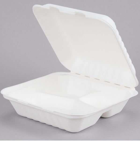 White Molded Fiber 1-Compartment Clamshell Food Container - 8L x 8W x 3H